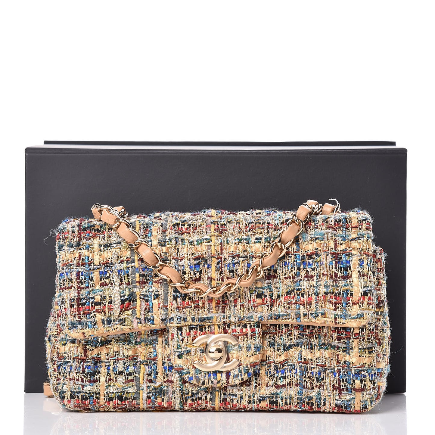 Tweed Quilted Mini Rectangular Flap Gold Blue