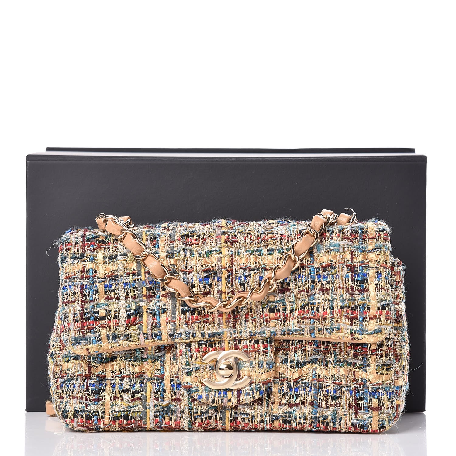 Chanel Tweed Quilted Mini Rectangular Flap Gold Blue 10 of 10