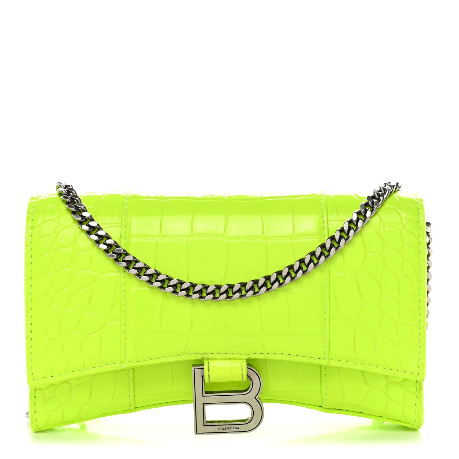 Balenciaga Shiny Calfskin Crocodile Embossed Hourglass Chain Bag Fluo Yellow 1 of 9