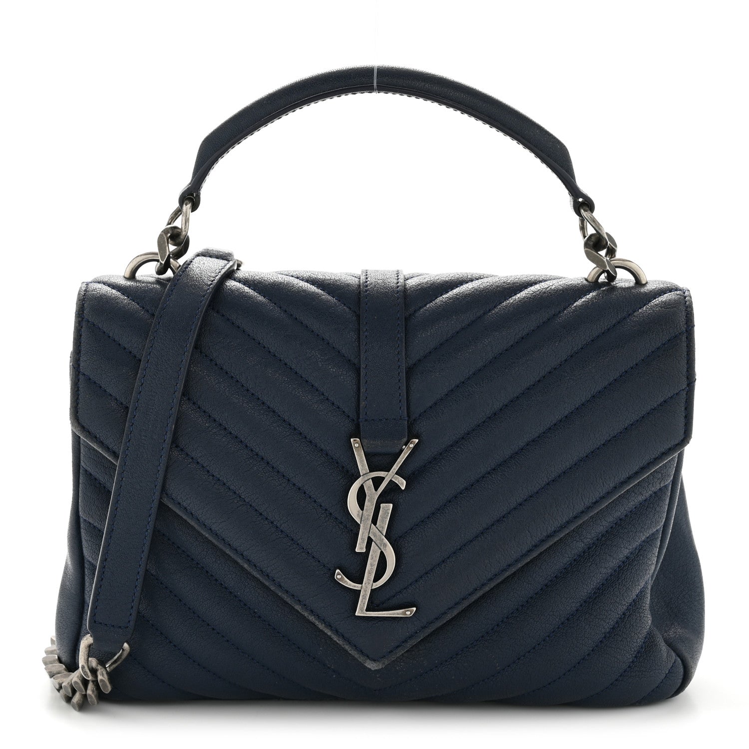 Saint Laurent Sheepskin Matelasse Chevron Monogram Medium College Bag Navy 1 of 15
