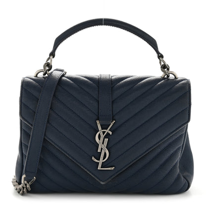 Saint Laurent Sheepskin Matelasse Chevron Monogram Medium College Bag Navy 1 of 15