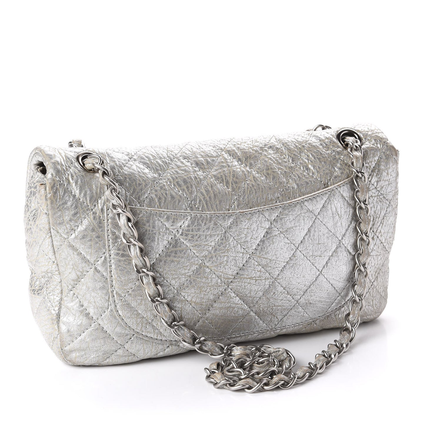 Calfskin Mirror CC Crackled Flap Silver