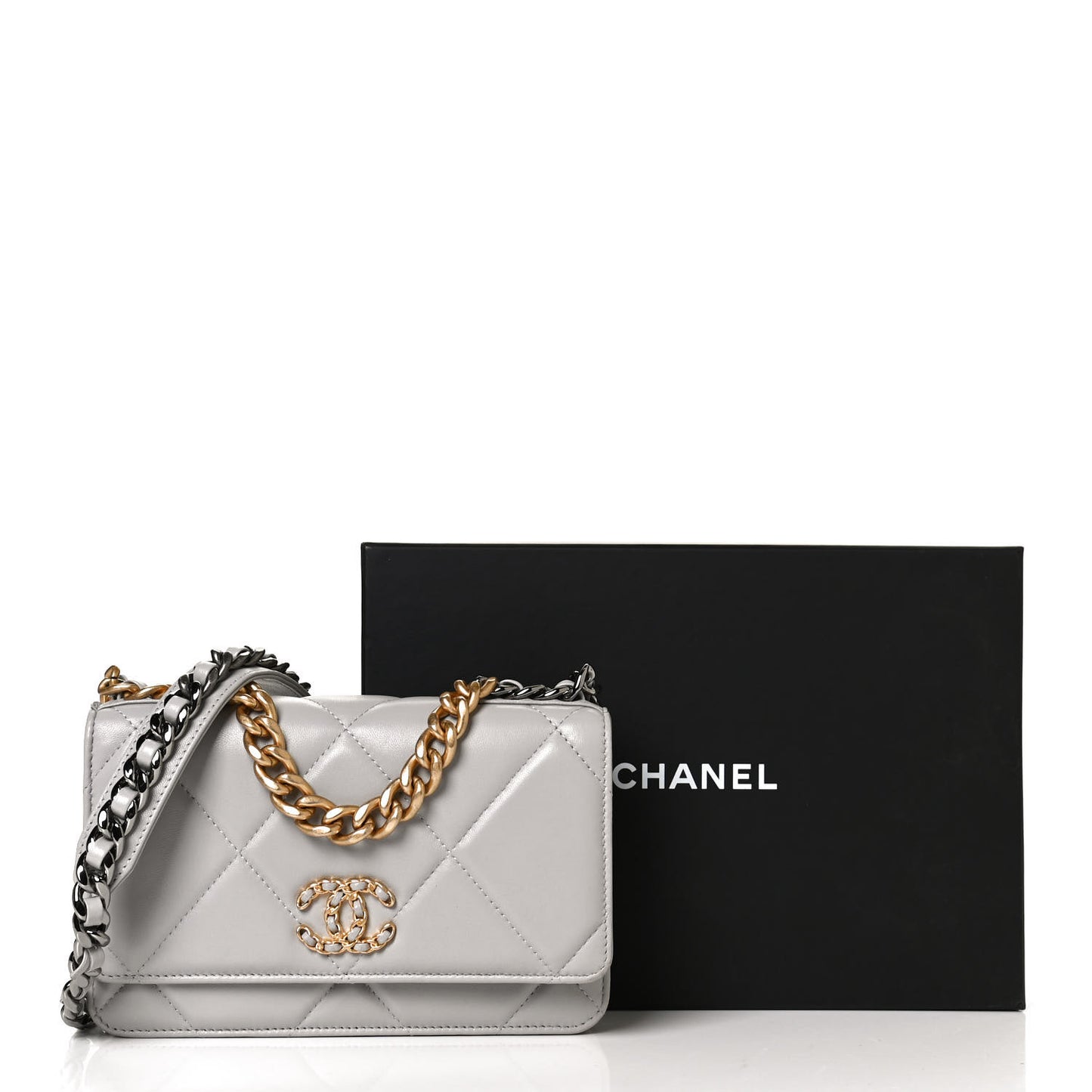 Lambskin Quilted Chanel 19 Wallet On Chain WOC Grey
