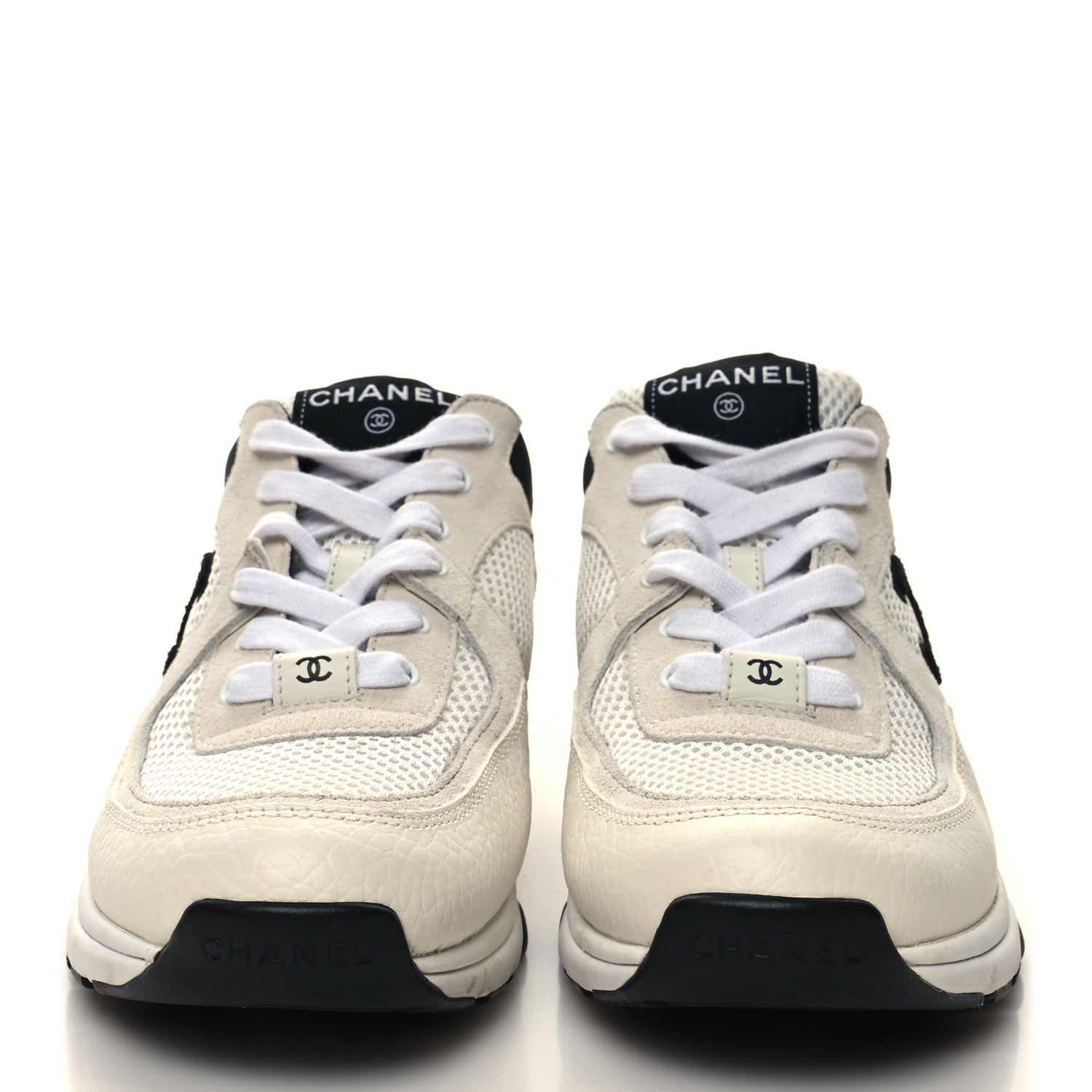 Chanel Mesh Suede Calfskin Grained Calfskin Womens CC Sneakers 38.5 White Black 2 of 8