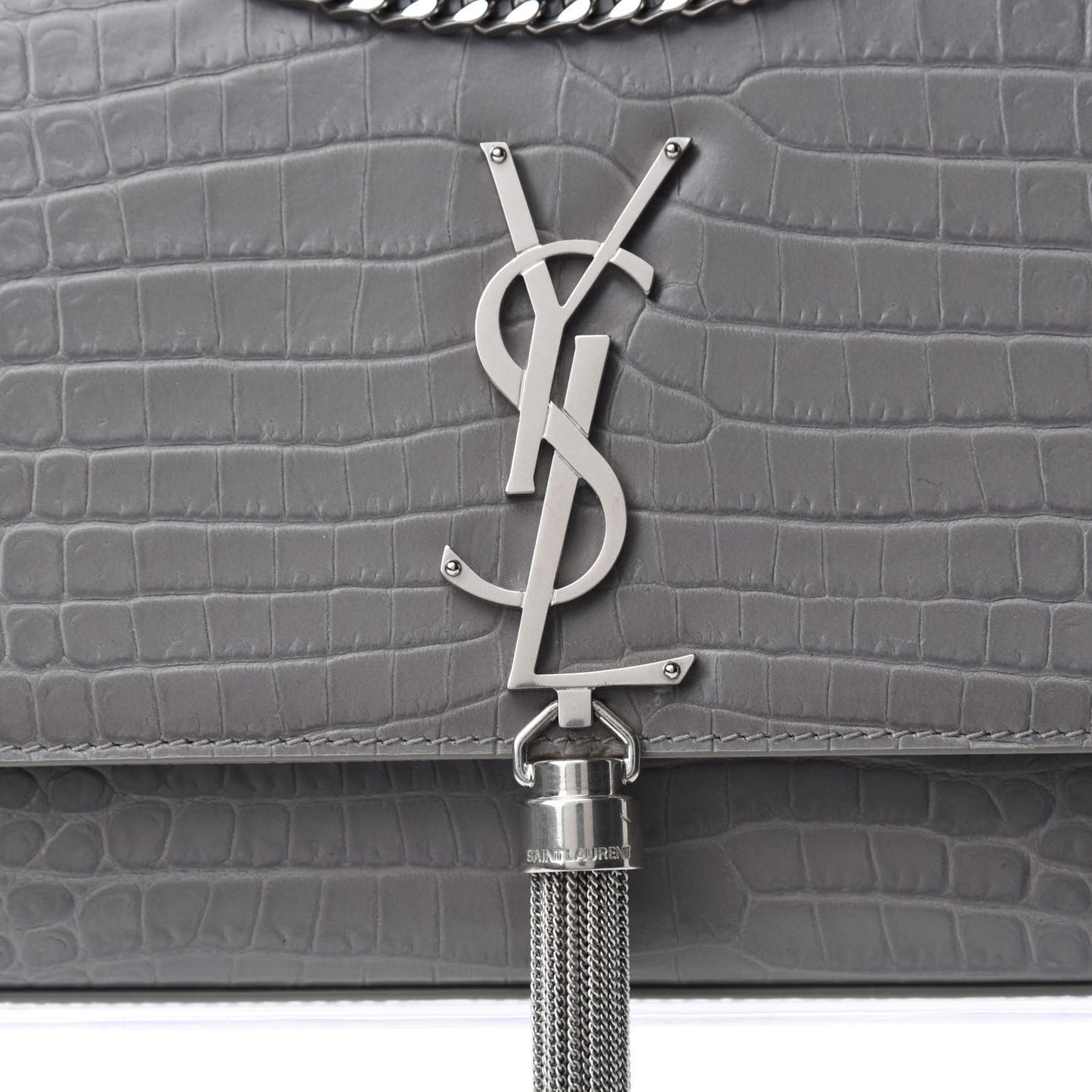 Calfskin Crocodile Embossed Medium Classic Monogram Kate Tassel Satchel Earth Grey