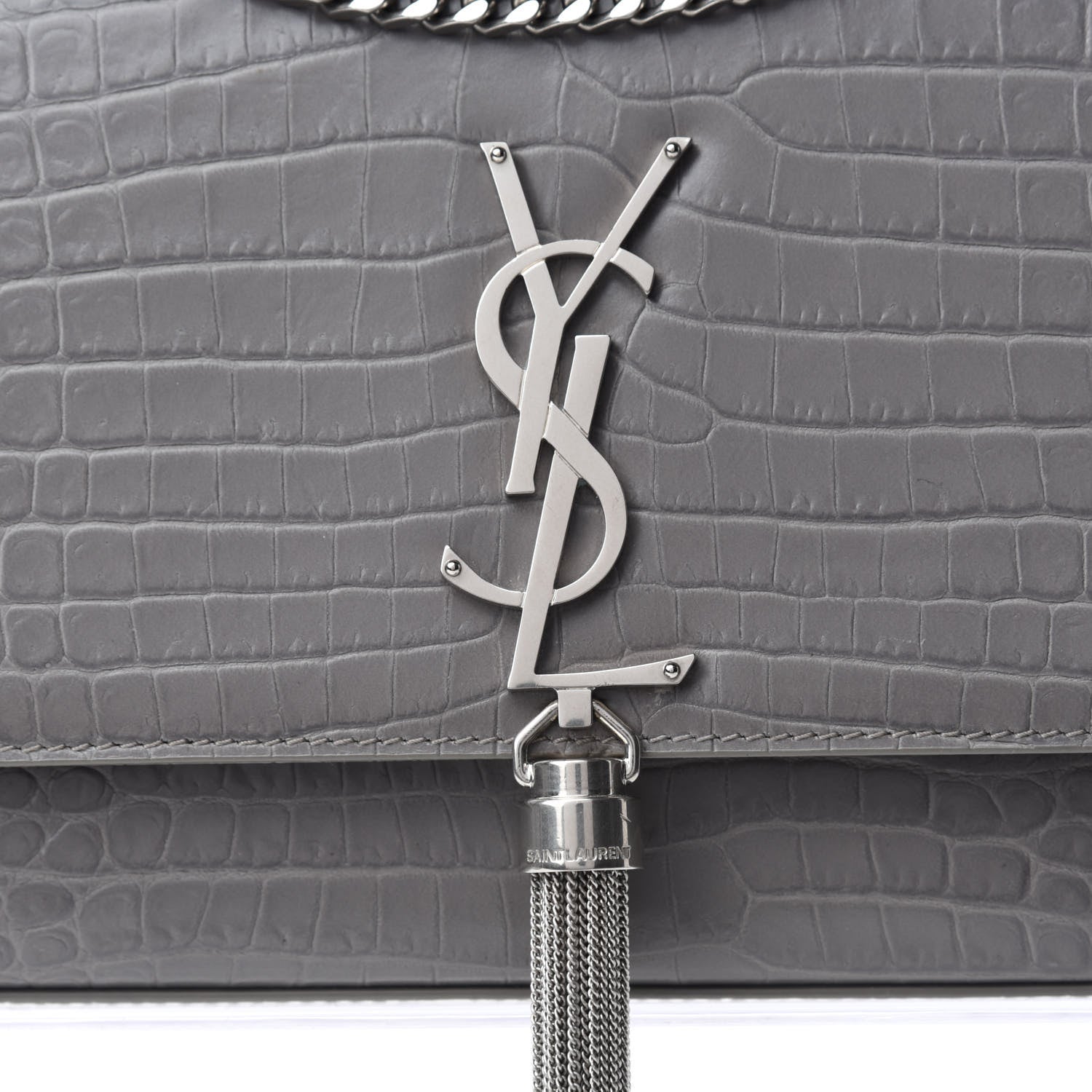 Saint Laurent Calfskin Crocodile Embossed Medium Classic Monogram Kate Tassel Satchel Earth Grey 10 of 10