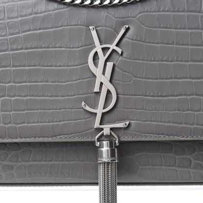 Saint Laurent Calfskin Crocodile Embossed Medium Classic Monogram Kate Tassel Satchel Earth Grey 10 of 10