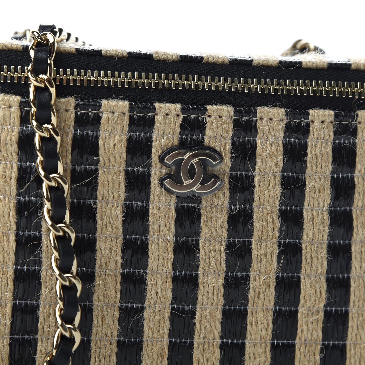 Chanel Raffia Jute Striped Small Vanity Case With Chain Black Beige 10 of 11