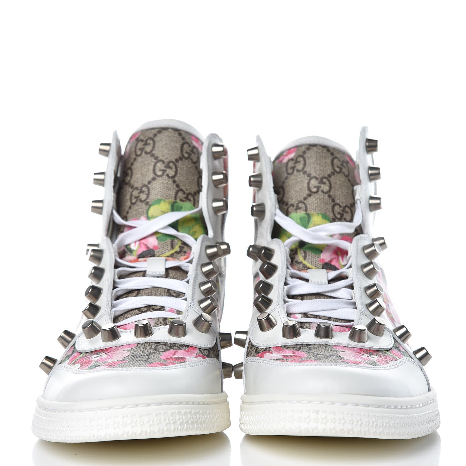 Gucci GG Supreme Monogram Blooms Studded Womens High Top Sneakers 40 Beige Multicolor White 2 of 8