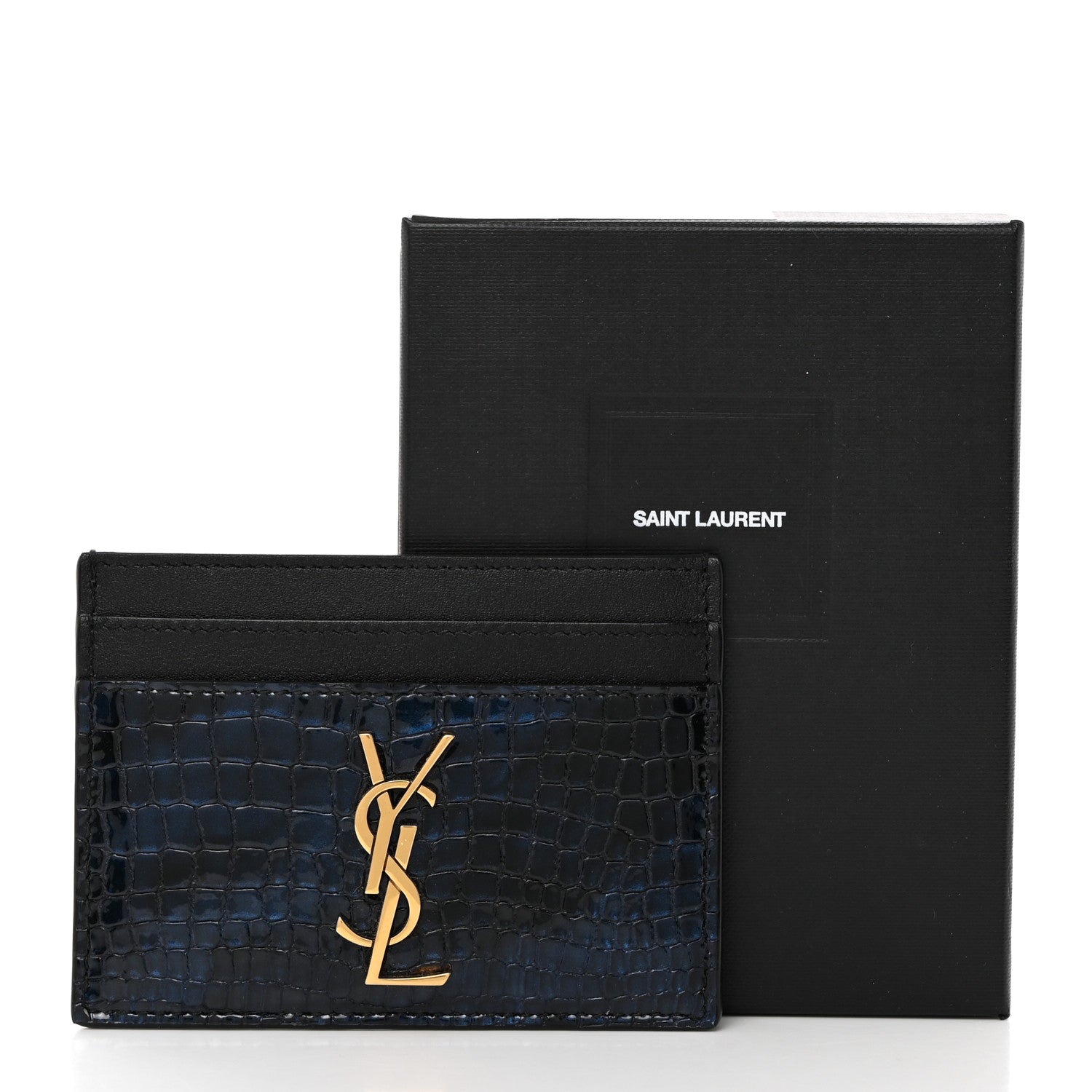 Saint Laurent Calfskin Crocodile Embossed Monogram Credit Card Case Blue 8 of 8