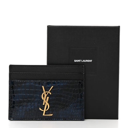 Saint Laurent Calfskin Crocodile Embossed Monogram Credit Card Case Blue 8 of 8