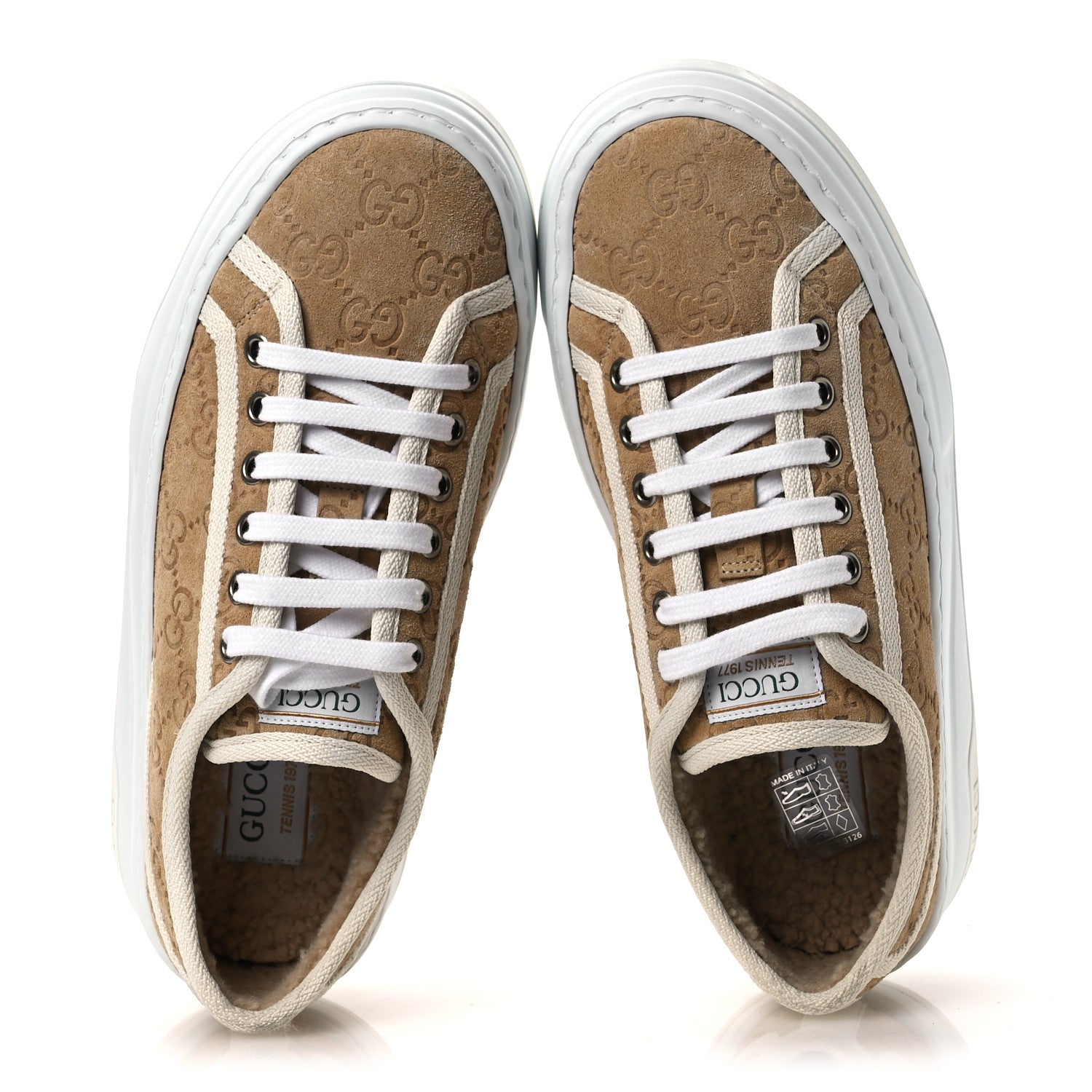 Gucci Suede Shearling Web GG Monogram Embossed Womens 1977 Tennis High Top Sneakers 36 Butterscotch Mystic White 2 of 11