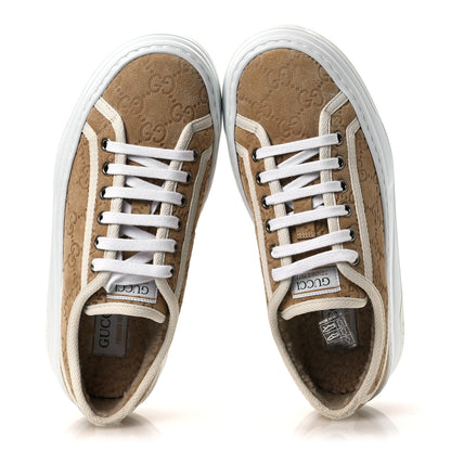Gucci Suede Shearling Web GG Monogram Embossed Womens 1977 Tennis High Top Sneakers 36 Butterscotch Mystic White 2 of 11