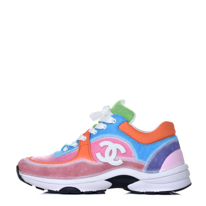 Chanel Fabric Calfskin Suede CC Womens Sneakers 37 White Multicolor 1 of 9