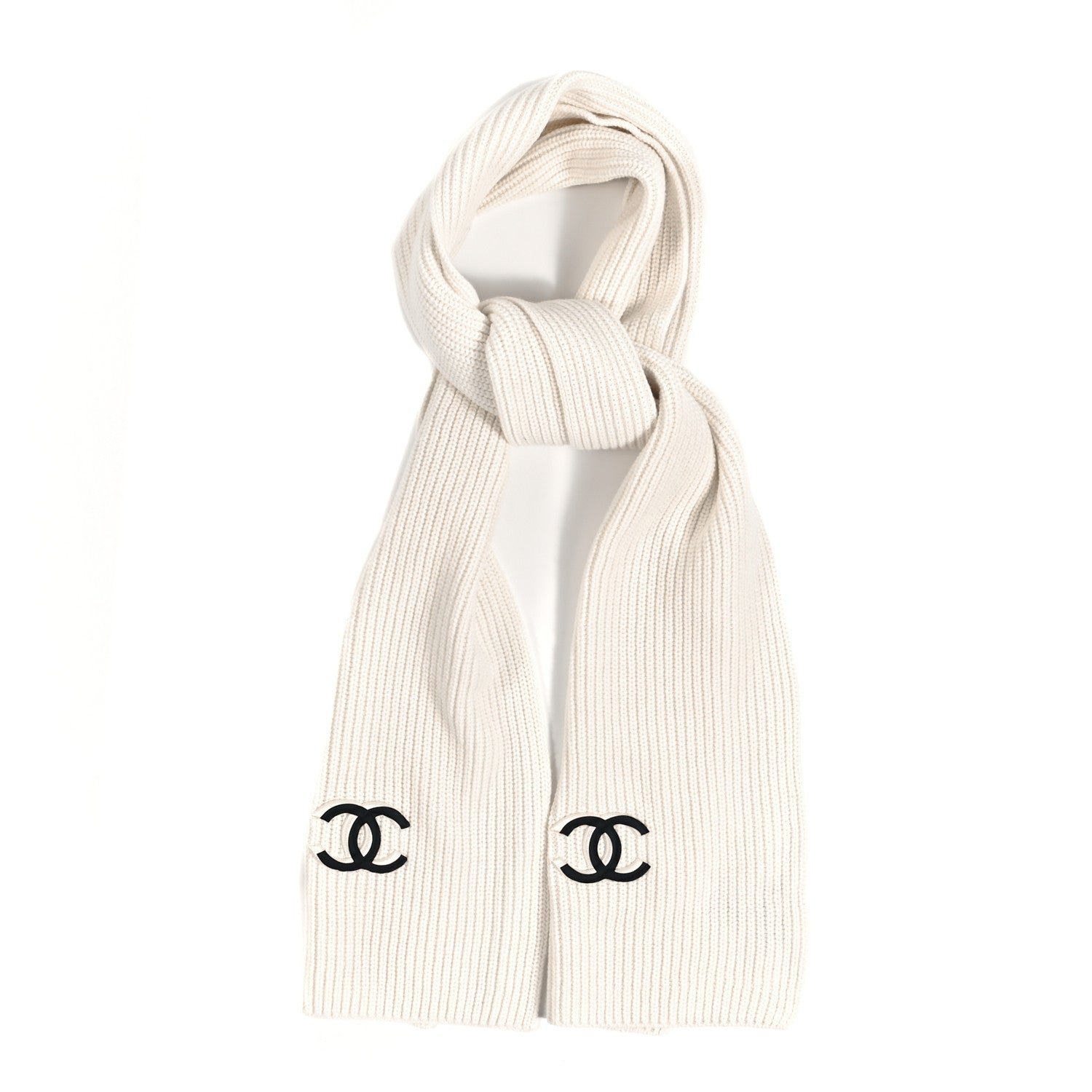 Chanel Wool Cashmere CC Scarf White Black 3 of 9