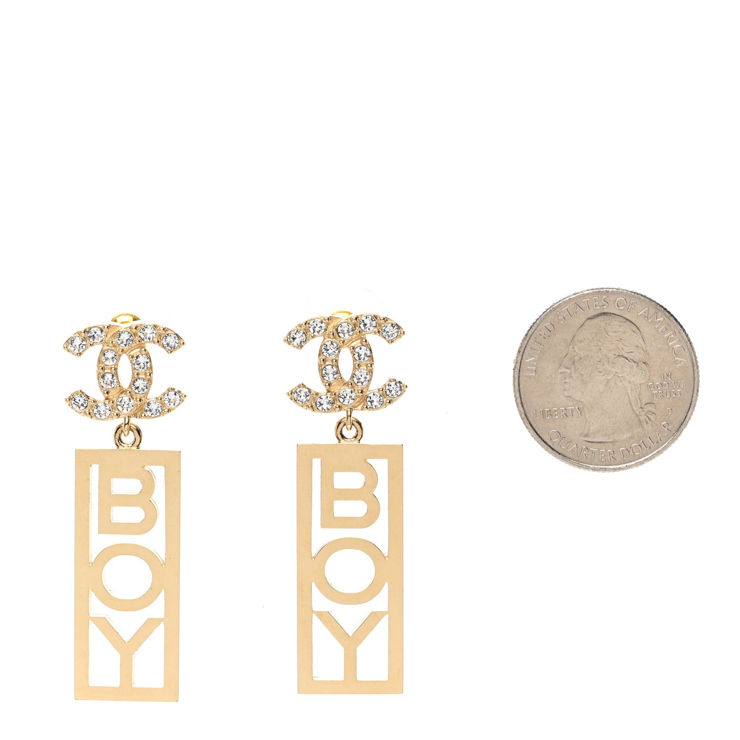 Metal Crystal CC Boy Drop Earrings Gold