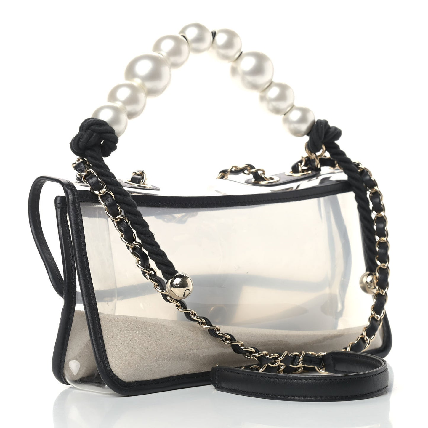 Lambskin PVC Sand By The Sea Flap With Pearl Strap Black