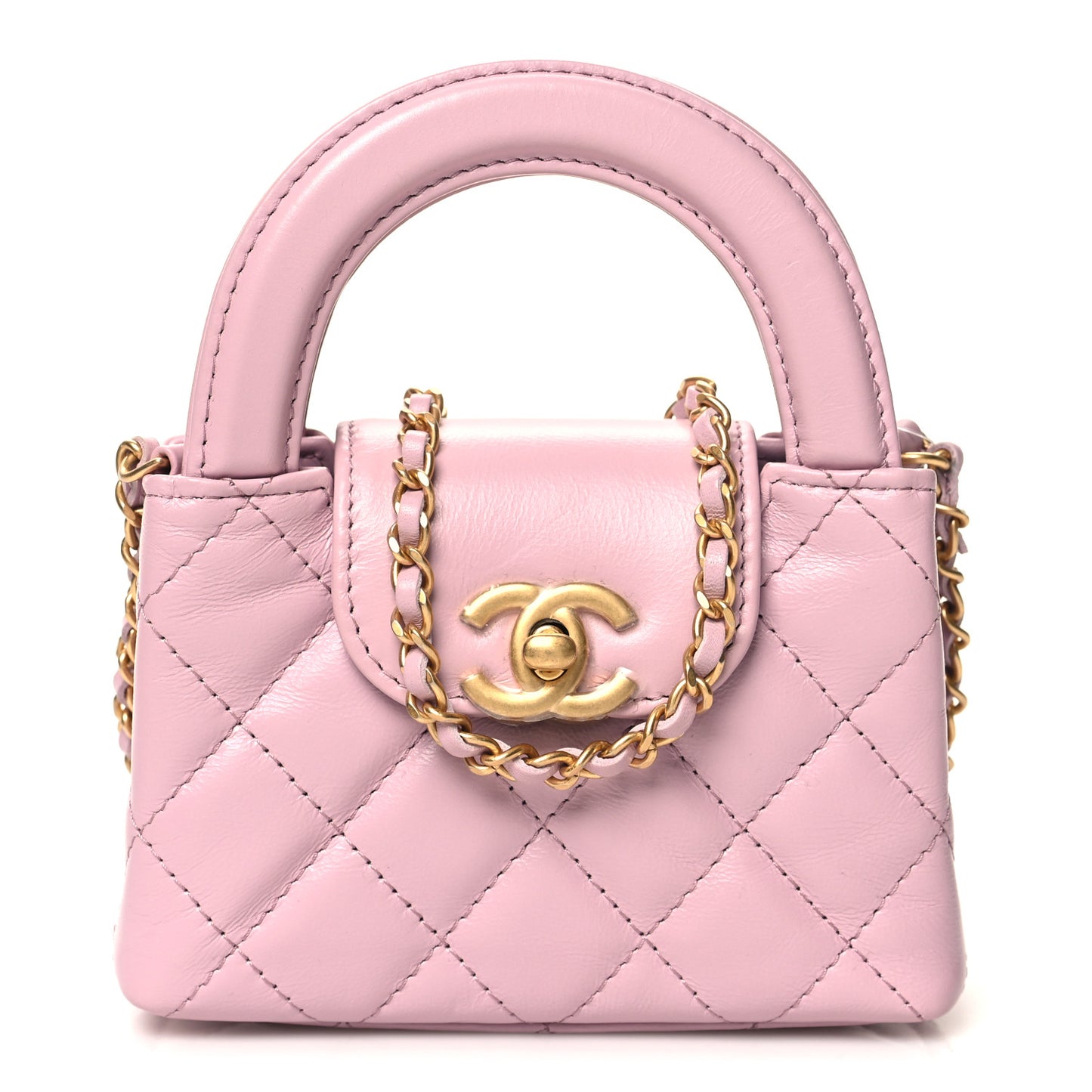 Shiny Aged Calfskin Quilted Mini Nano Kelly Shopper Pink