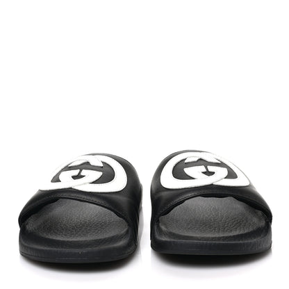 Gucci Nappa Miro Soft Calfskin Womens Interlocking G Slide Sandals 37 Black White 2 of 7