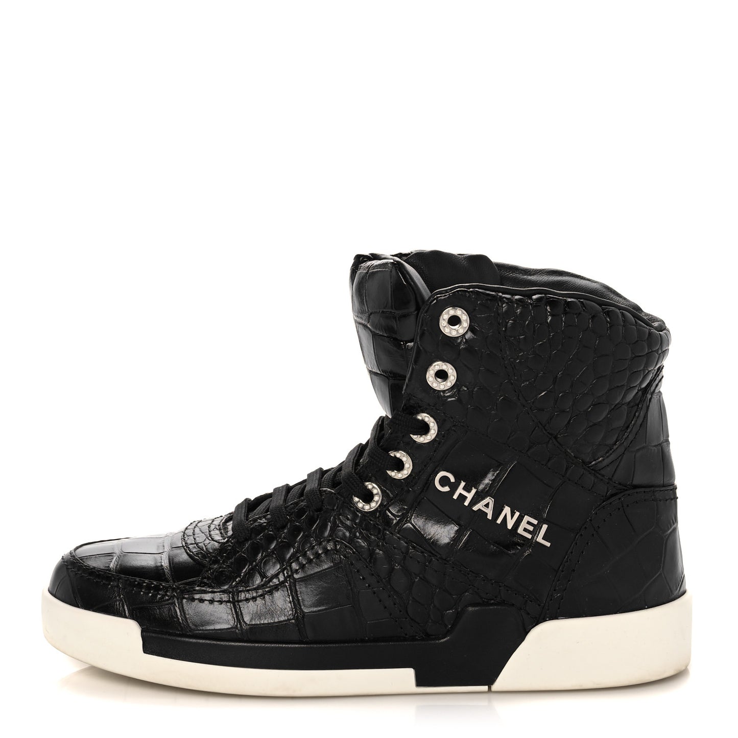 Calfskin Crocodile Embossed Cocodile High Top Sneakers 40 Black