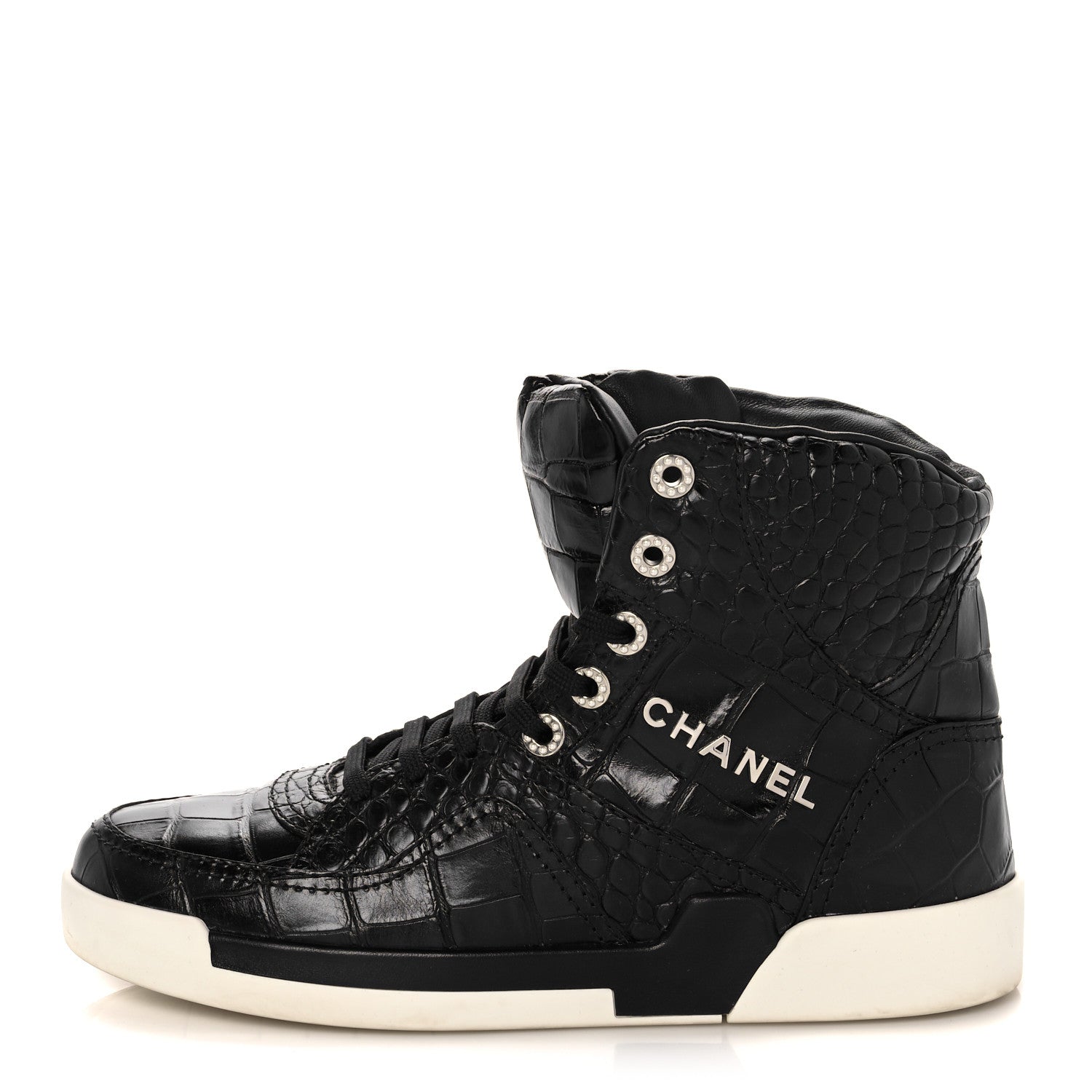 Chanel Calfskin Crocodile Embossed Cocodile High Top Sneakers 40 Black 1 of 8