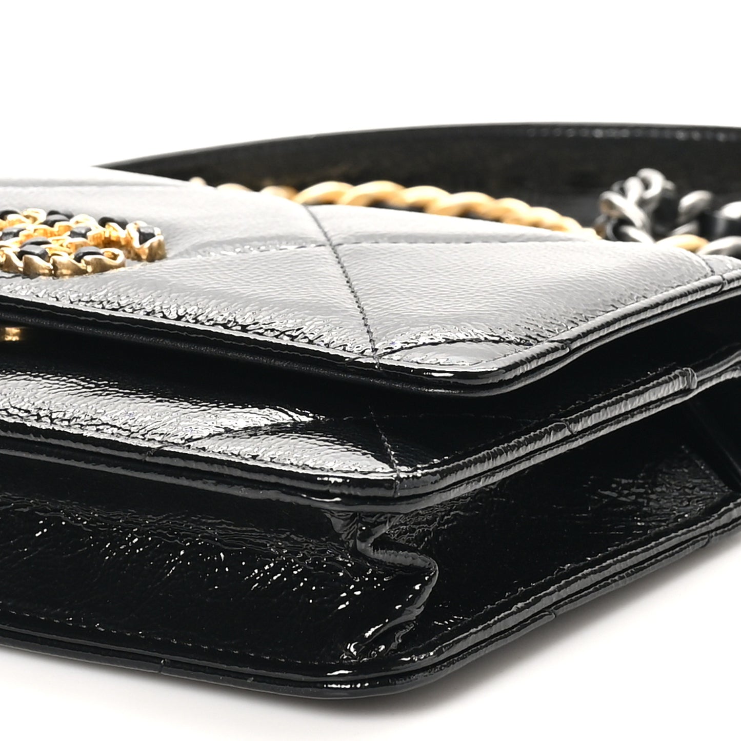 Shiny Crumpled Calfskin Quilted Chanel 19 Wallet On Chain WOC Black