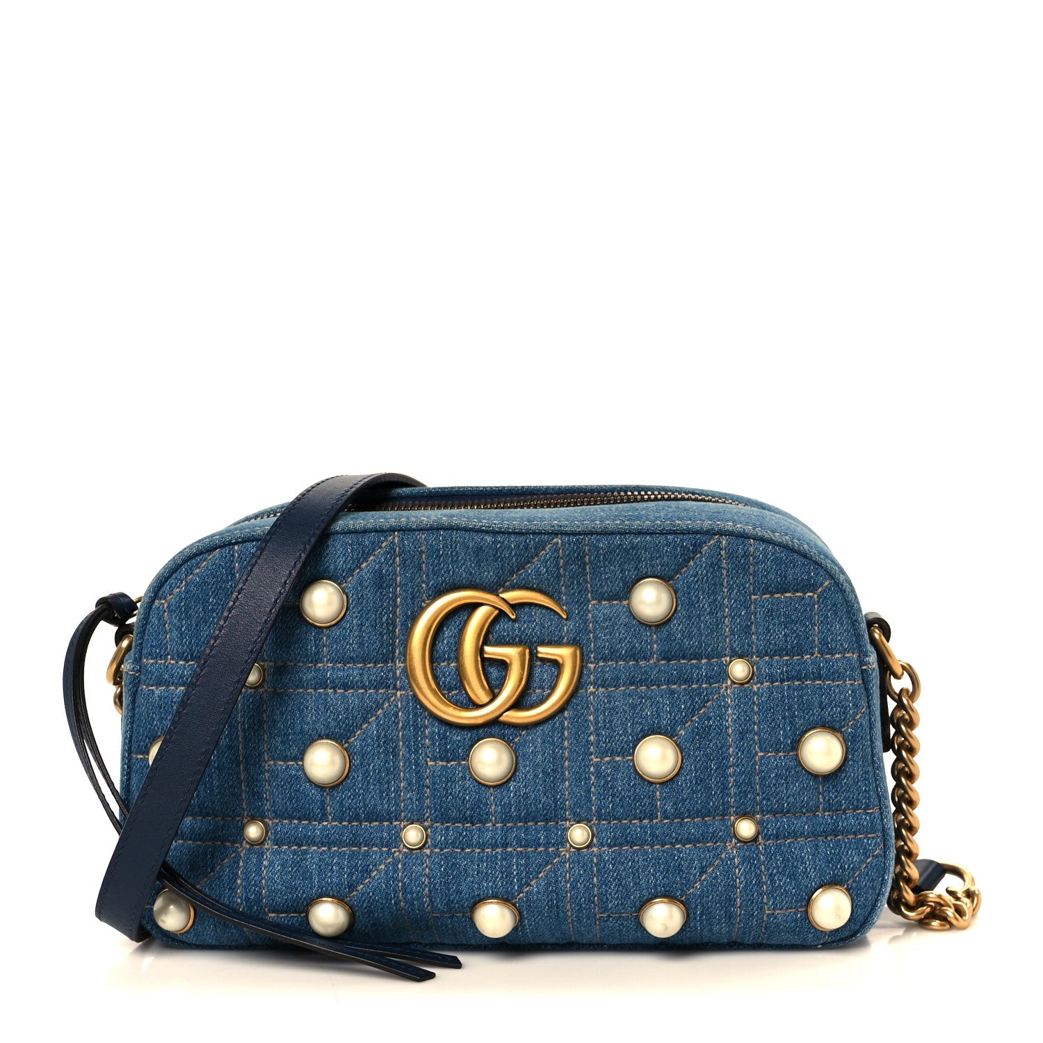 Gucci Denim Matelasse Pearl Studded Small GG Marmont Chain Shoulder Bag Blue 1 of 11