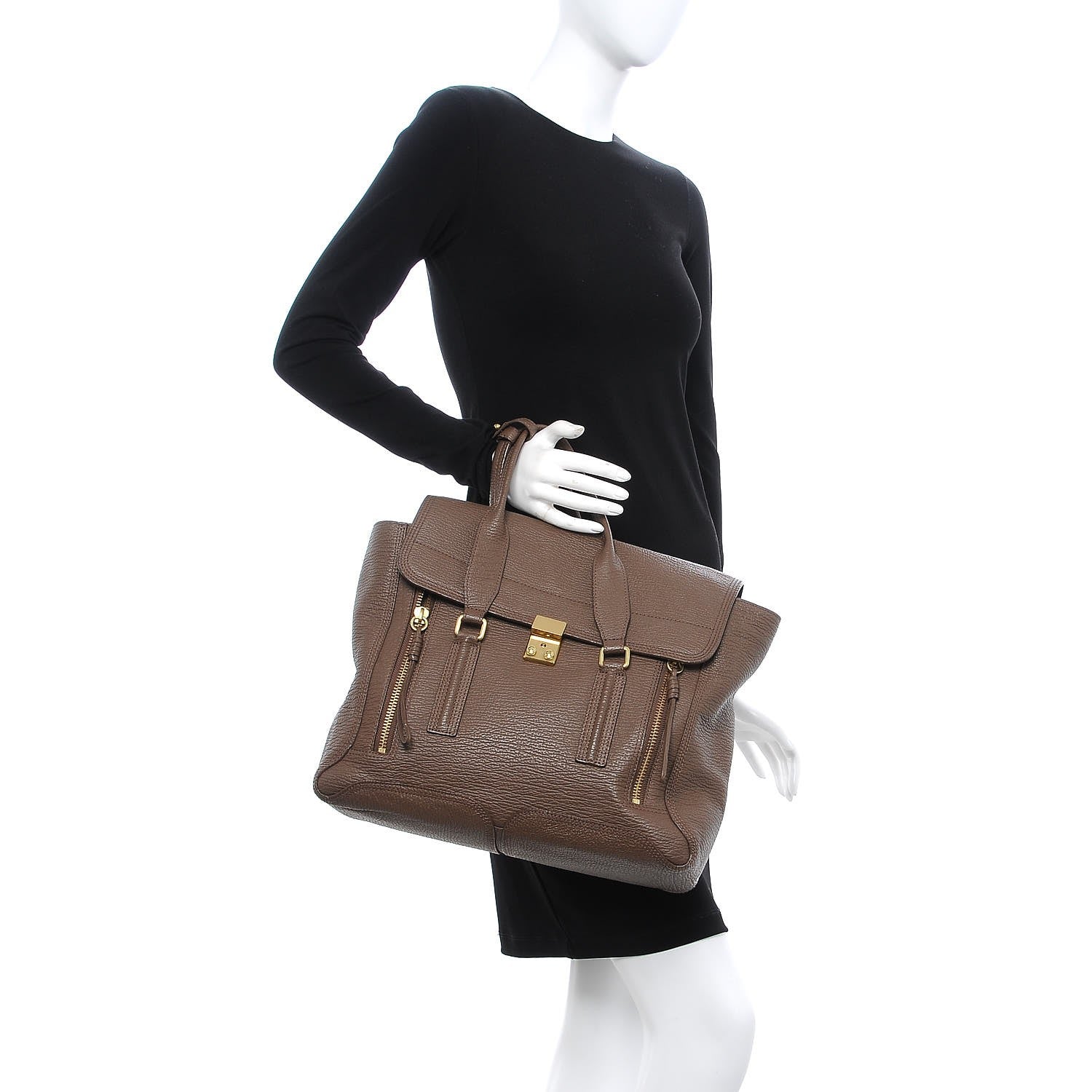 3.1 Phillip Lim 3.1 Textured Calfskin Large Pashli Satchel Taupe 3 of 11