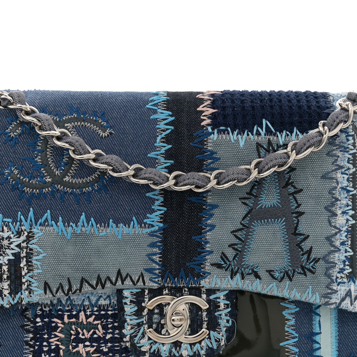 Chanel Denim Tweed Patchwork Jumbo Single Flap Blue 8 of 12