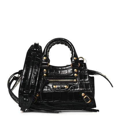 Balenciaga Shiny Supple Calfskin Crocodile Embossed Neo Classic Gold Hardware Super Nano City Crossbody Black 1 of 10