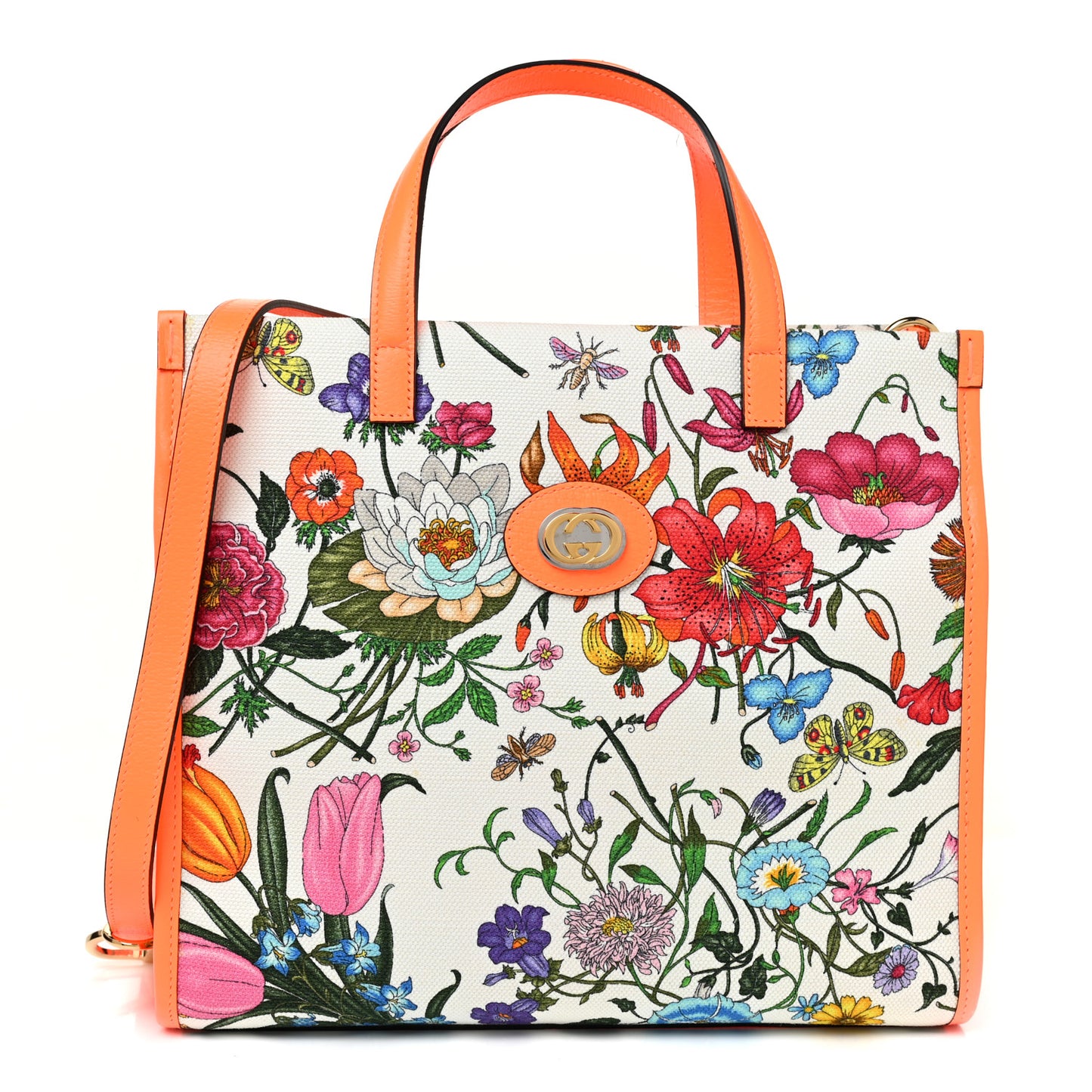Canvas Medium Flora Tote White Multicolor Orange Fluo