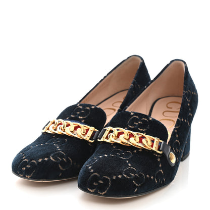 Gucci Velvet GG Monogram Sylvie Web Chain Mid Heel Loafers 37 Blue Beige 3 of 9