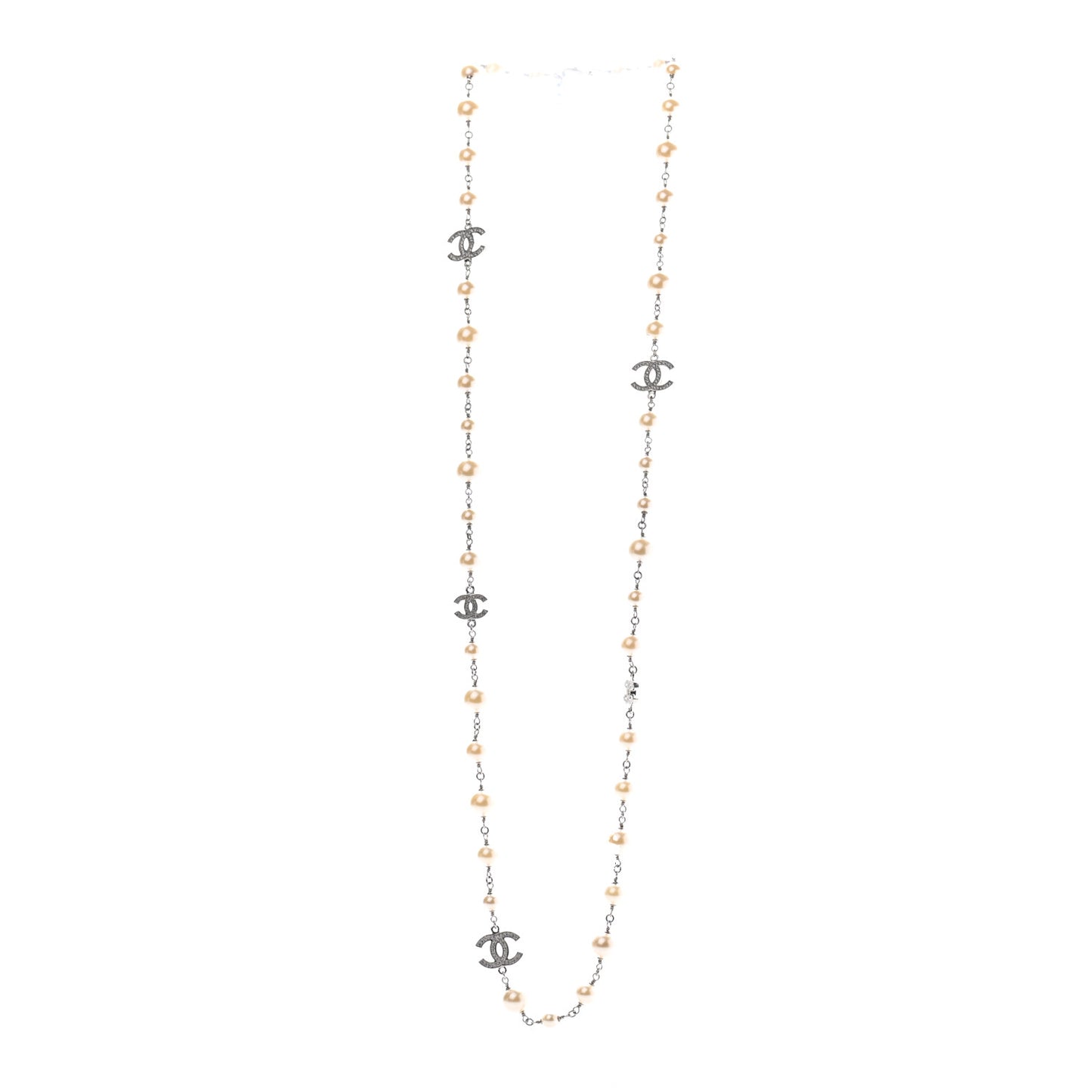 Crystal Pearl CC Long Necklace Silver