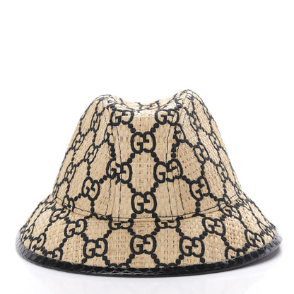 Gucci Raffia Elaphe GG Monogram Embroidered Fedora Hat M Ivory Black 3 of 7