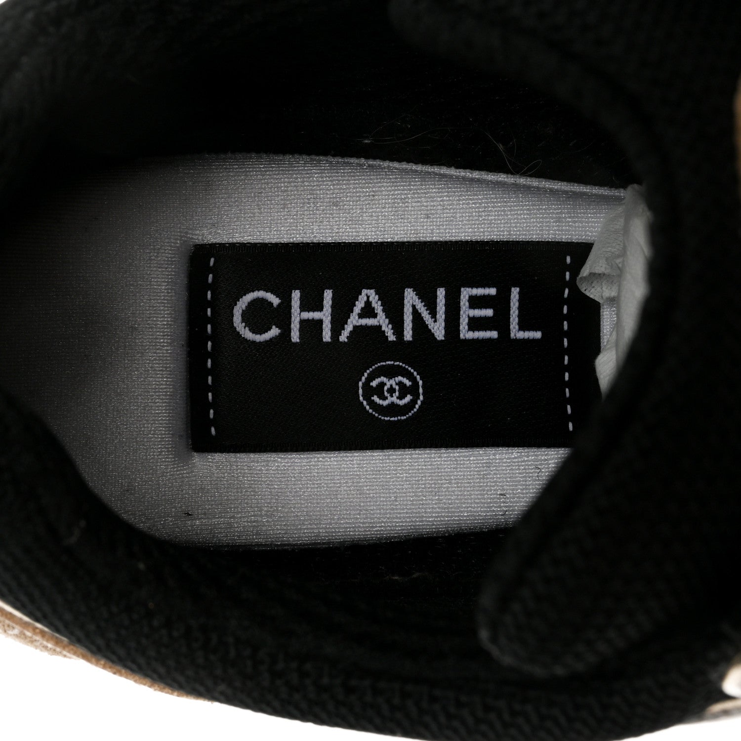 Chanel Mesh Suede Calfskin Womens CC Sneakers 38 White Black Beige Gold 6 of 9