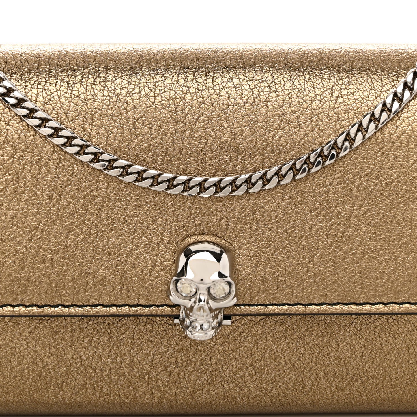 Metallic Pebbled Calfskin Skull Wallet on Chain Gold