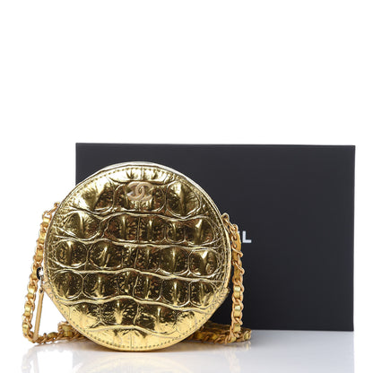 Chanel Metallic Calfskin Crocodile Embossed Cocodile Round Clutch with Chain Gold 9 of 9