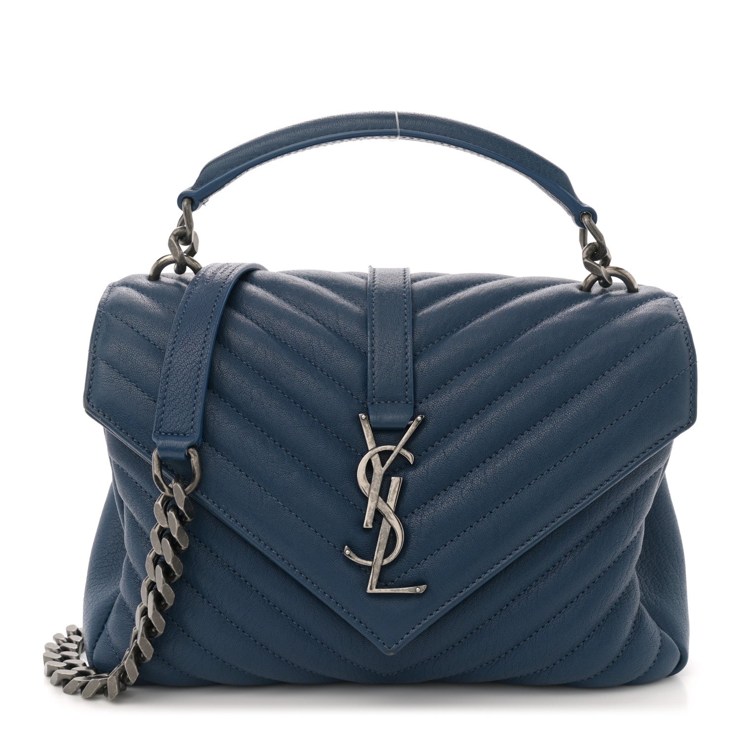 Saint Laurent Sheepskin Matelasse Chevron Monogram Medium College Bag Blue Charron 1 of 12
