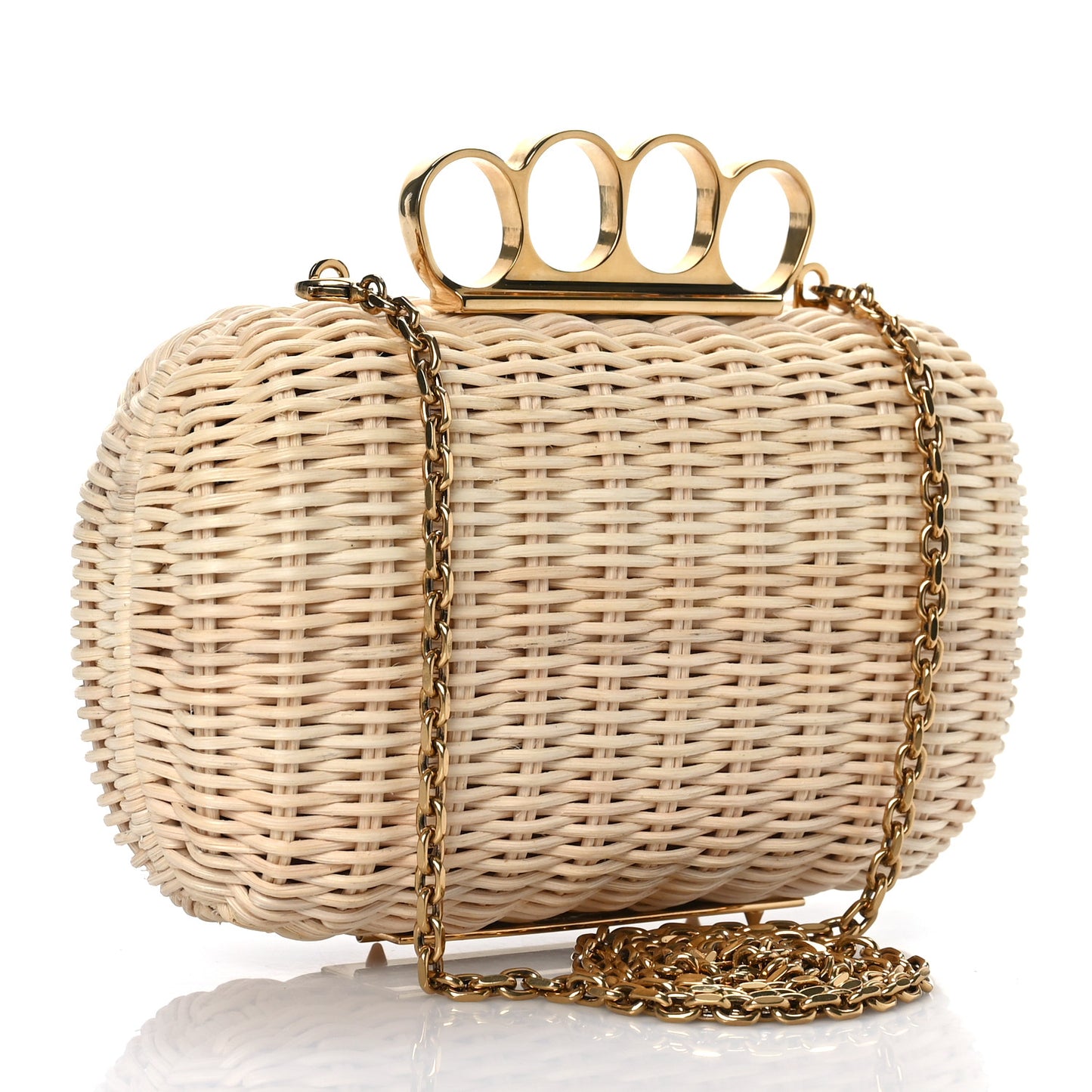 Woven Straw Four Ring Chain Knuckle Clutch Natural