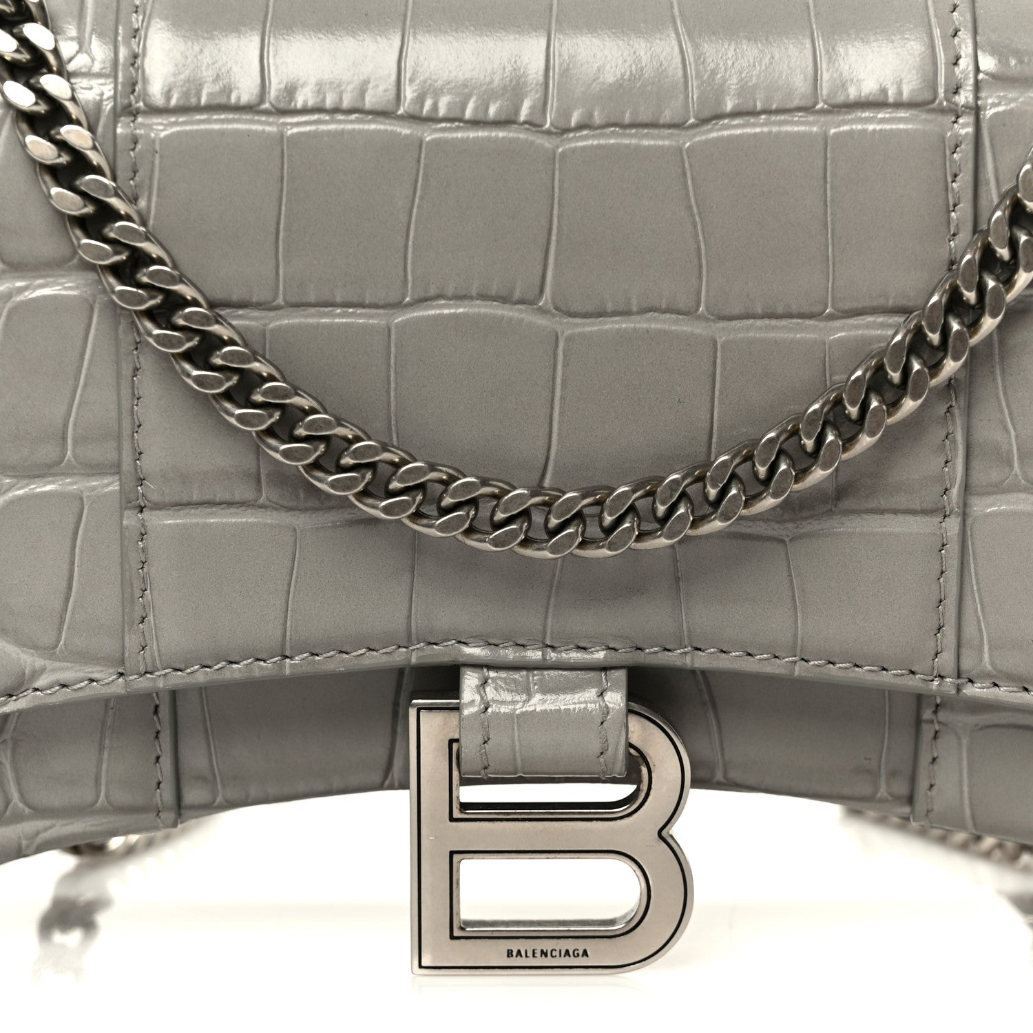 Balenciaga Shiny Calfskin Crocodile Embossed Hourglass Chain Bag Balenciaga Steel Grey 8 of 10