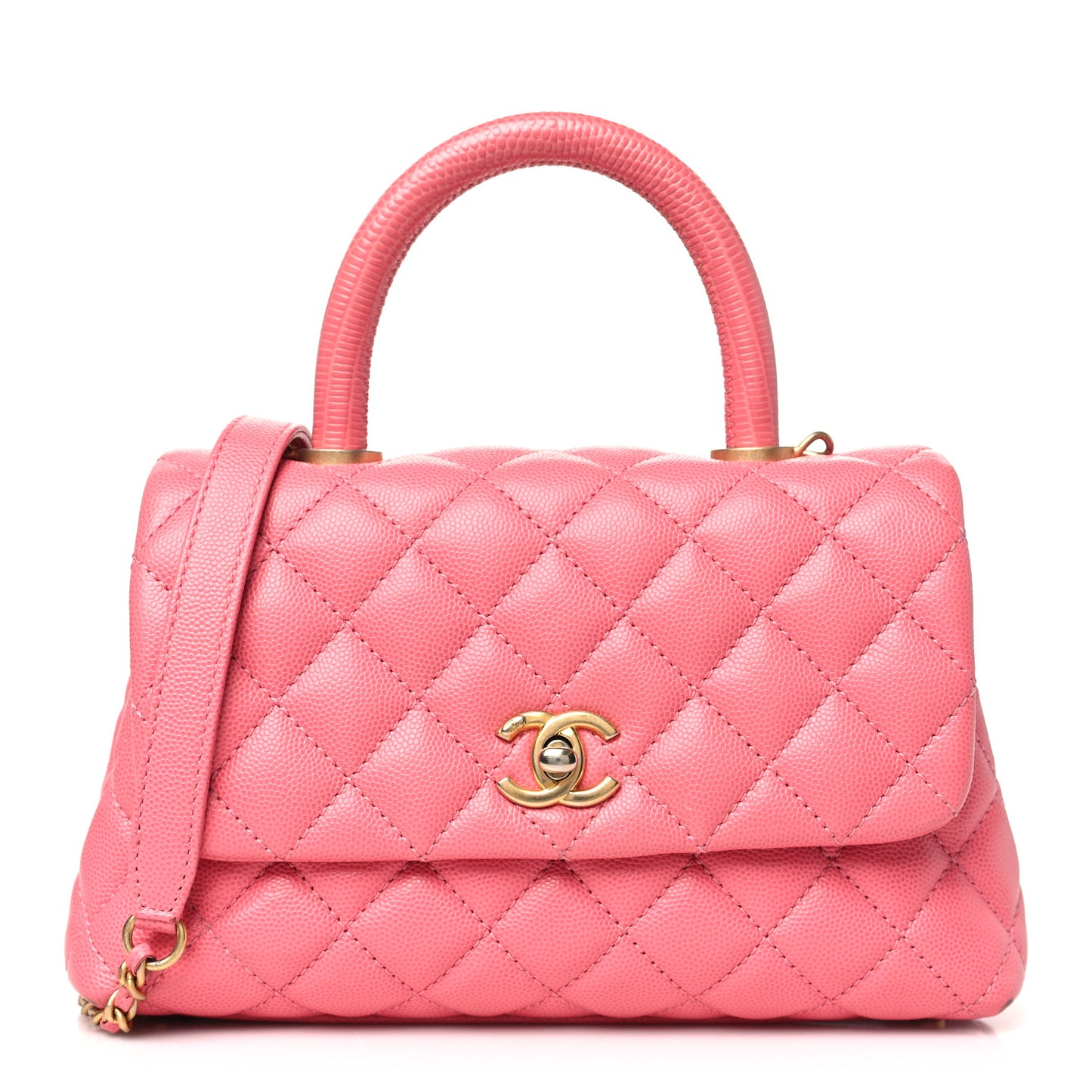 Caviar Lizard Embossed Quilted Mini Coco Handle Flap Pink