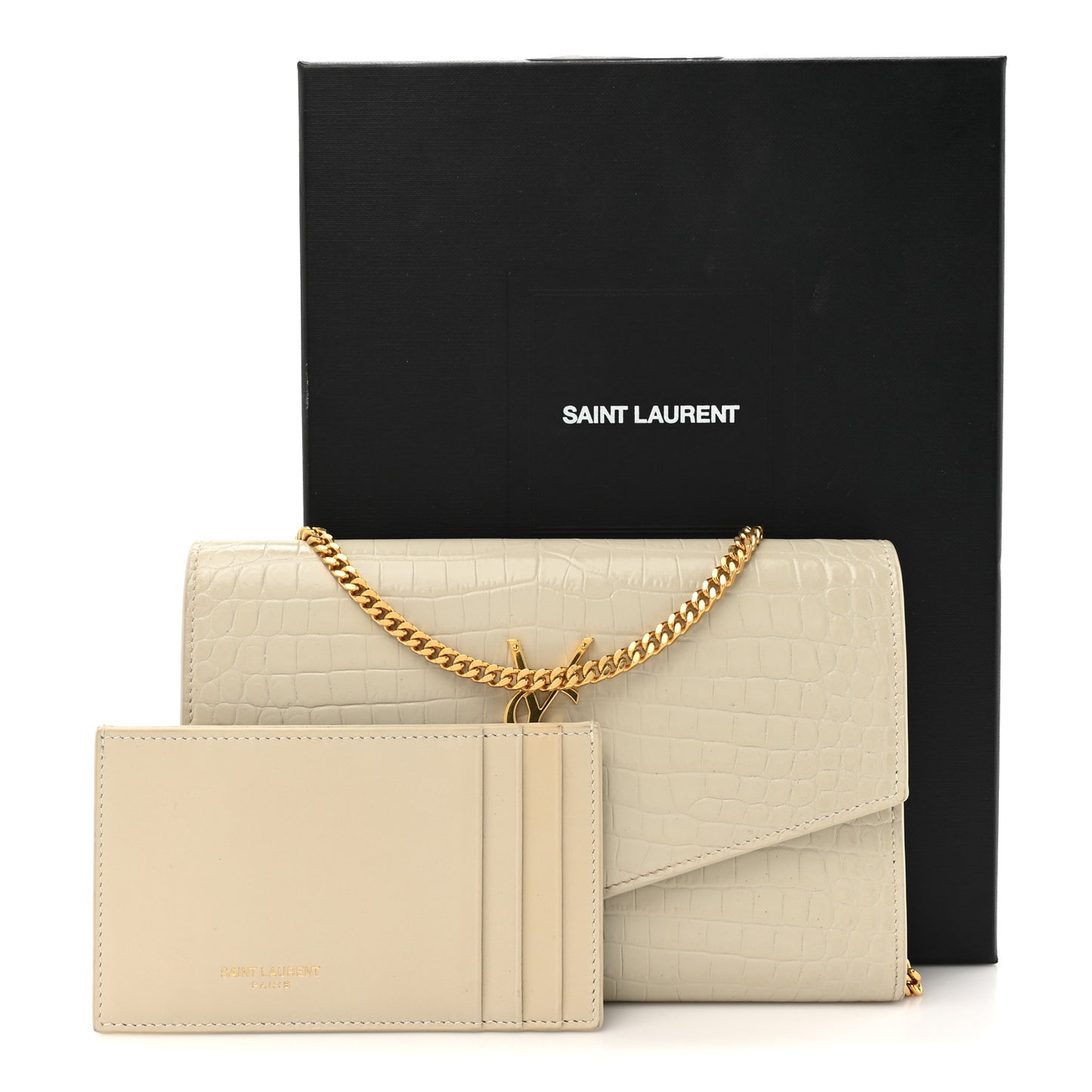 Calfskin Crocodile Embossed Monogram Uptown Chain Wallet Crema Soft