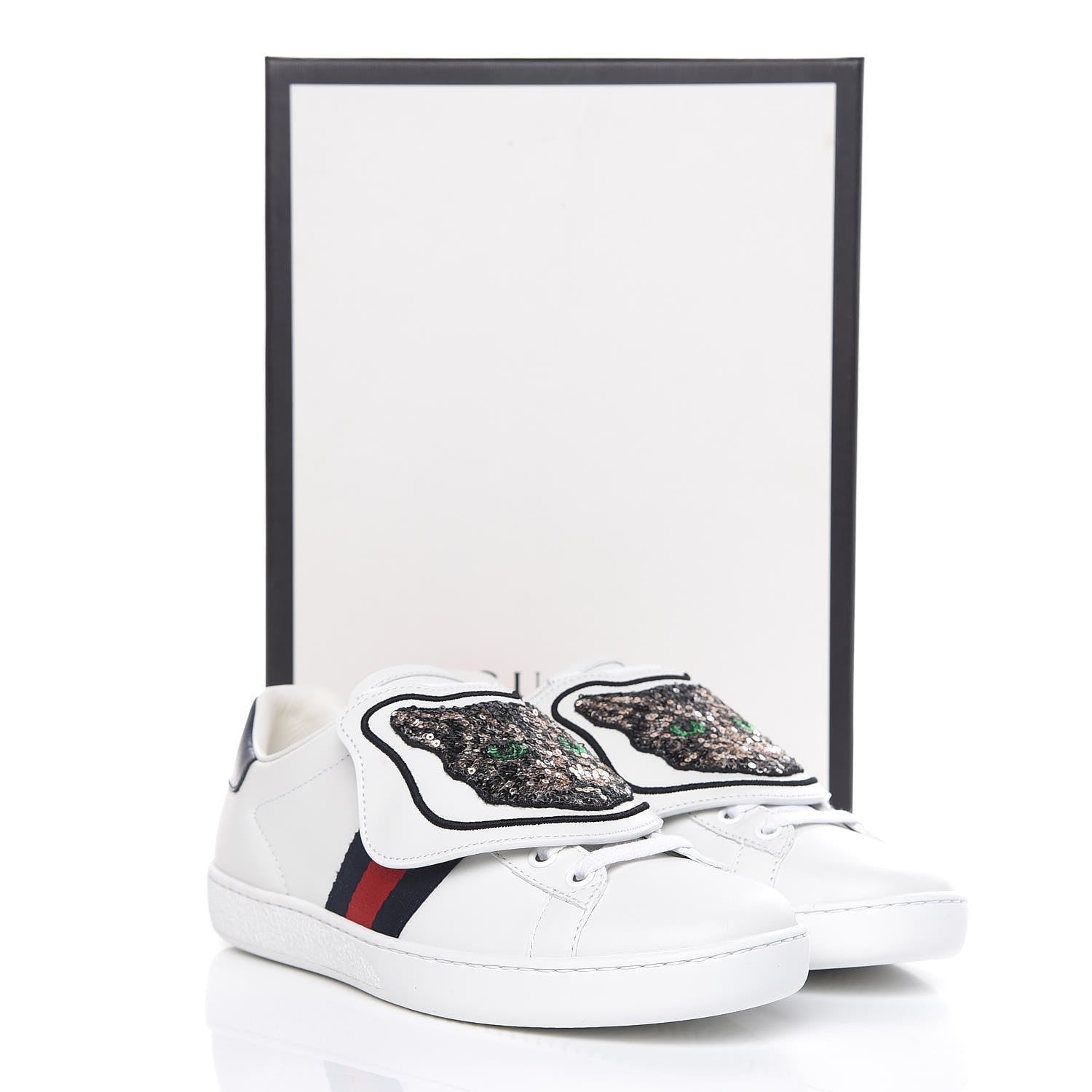 Gucci Calfskin Sequins Web Cat Womens Ace Sneakers 36 White 11 of 11