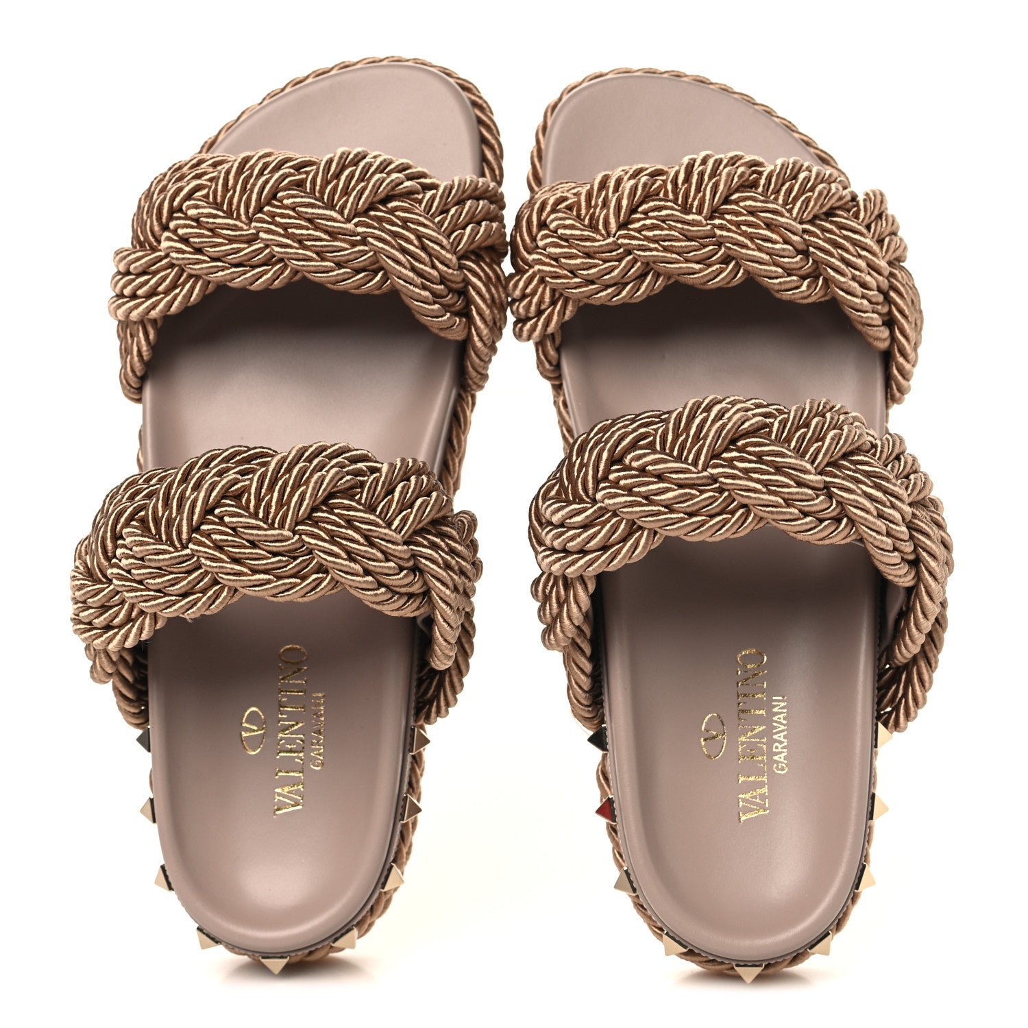 Valentino Garavani Calfskin Silk Woven Rockstud Torchon 5mm Sandals 36 Poudre 2 of 10