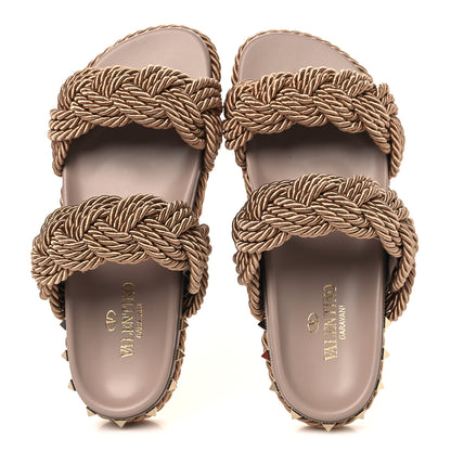 Valentino Garavani Calfskin Silk Woven Rockstud Torchon 5mm Sandals 36 Poudre 2 of 10