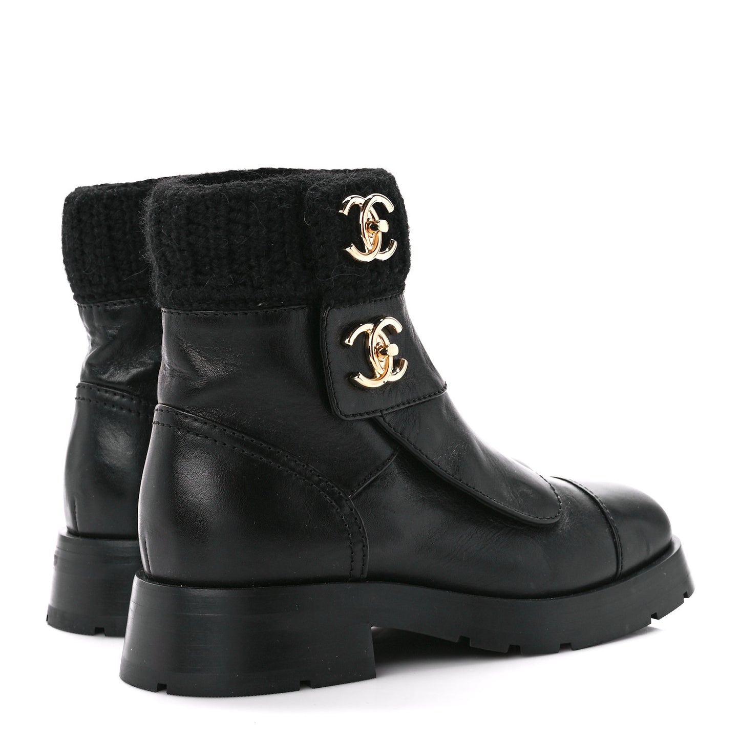 Calfskin Knit CC Short Boots 37 Black