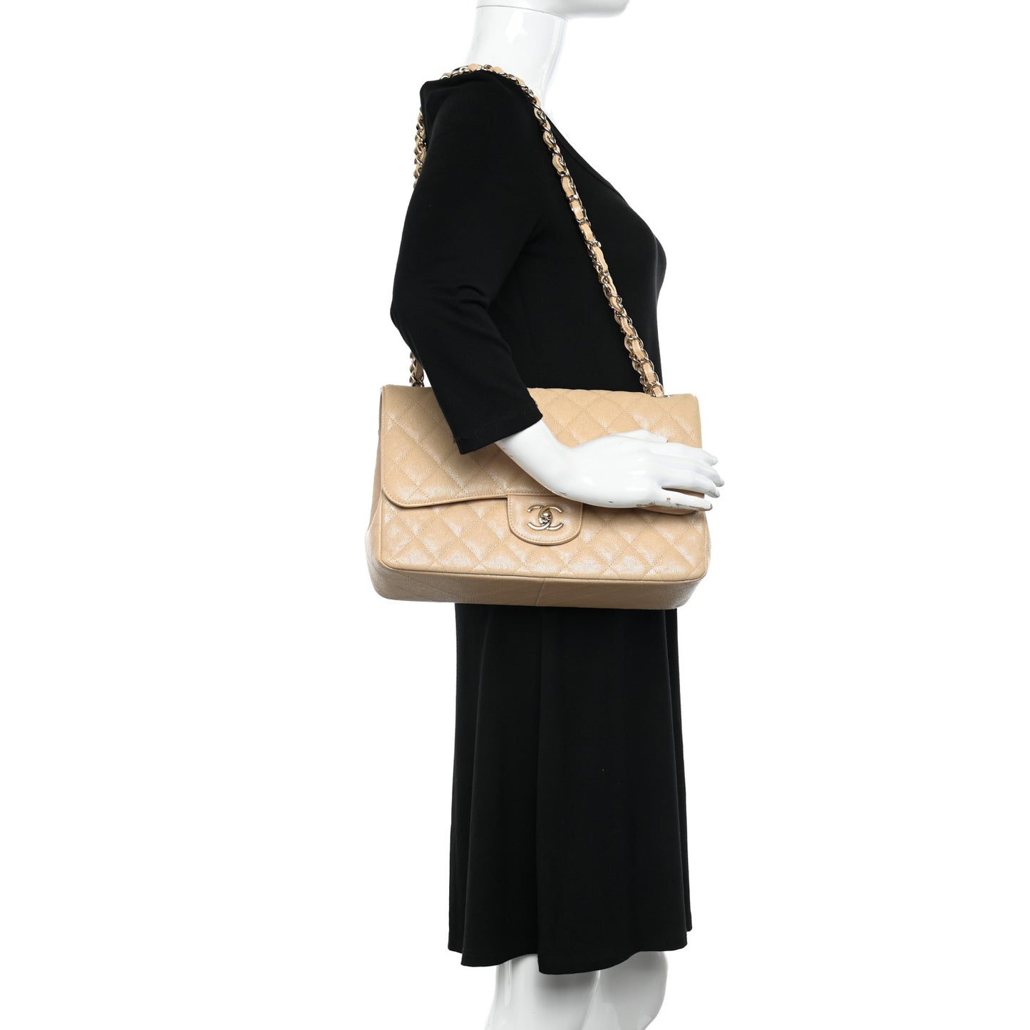 Iridescent Caviar Quilted Jumbo Double Flap Beige