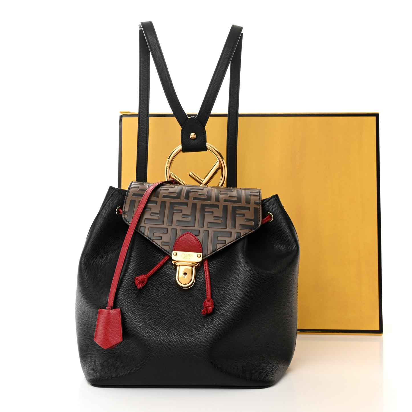 Vitello Cruise Bi-Color FF 1974 Embossed F is Fendi Drawstring Backpack Black Fragola Maya