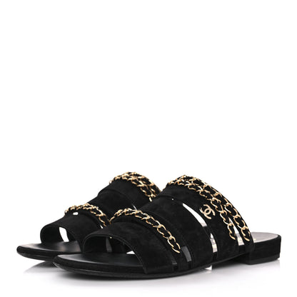 Chanel Suede Chain Mule Sandals 36.5 Black 3 of 10