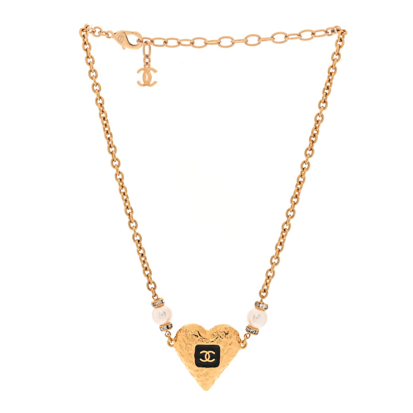 Resin Crystal Pearl Chain Heart CC Pendant Necklace Black White Gold